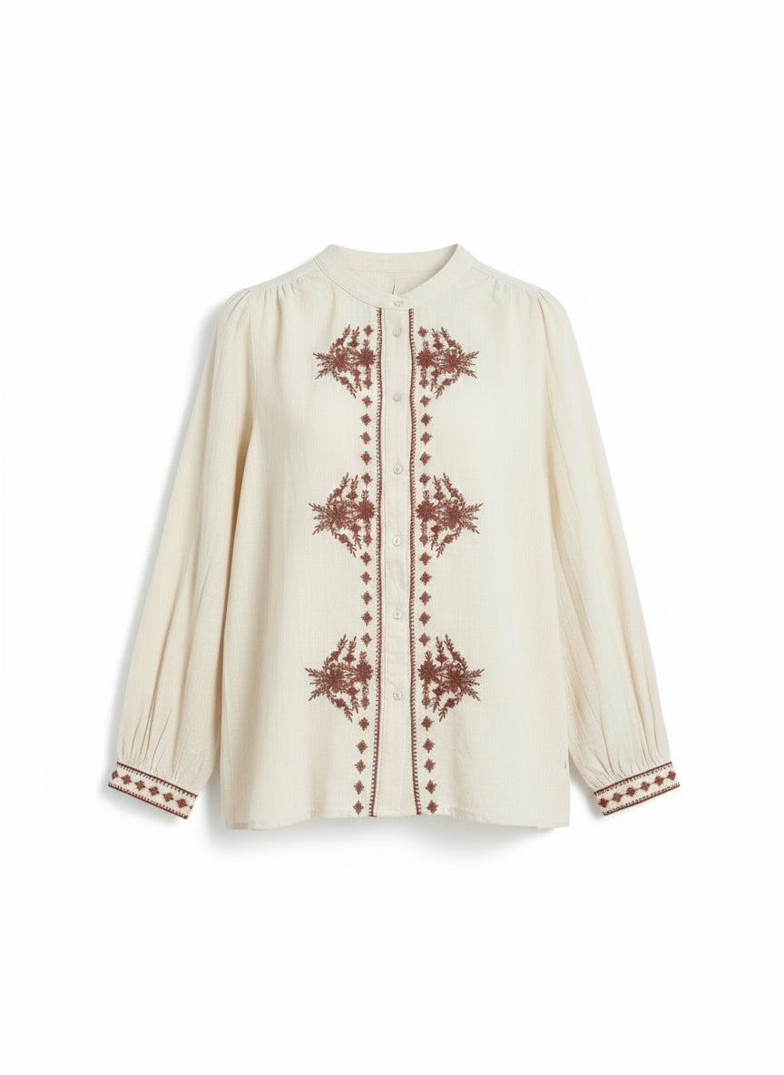 Cream blouse with berry red embroidery