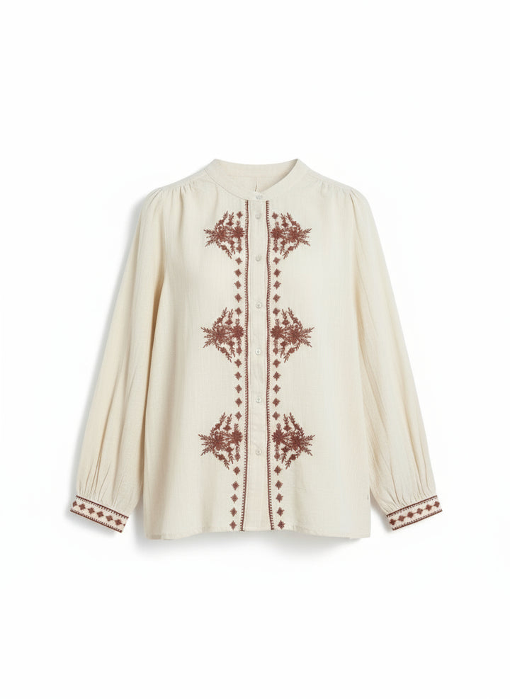 Cream blouse with berry red embroidery