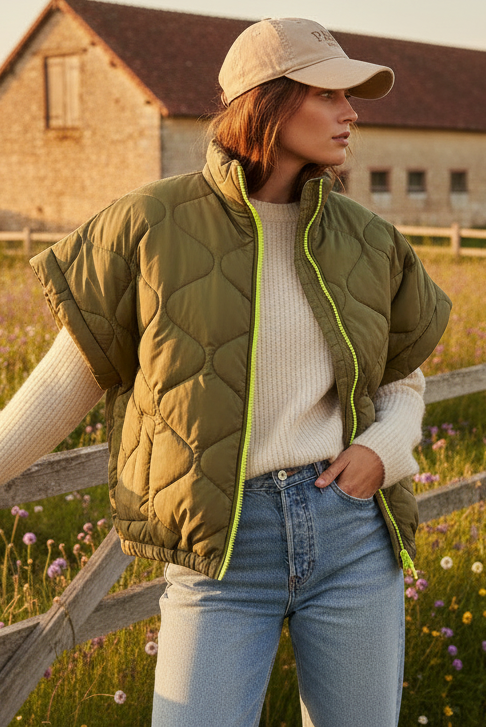 Woman wearing a green puffer vest and beige cap standing in a field with a barn in the background.