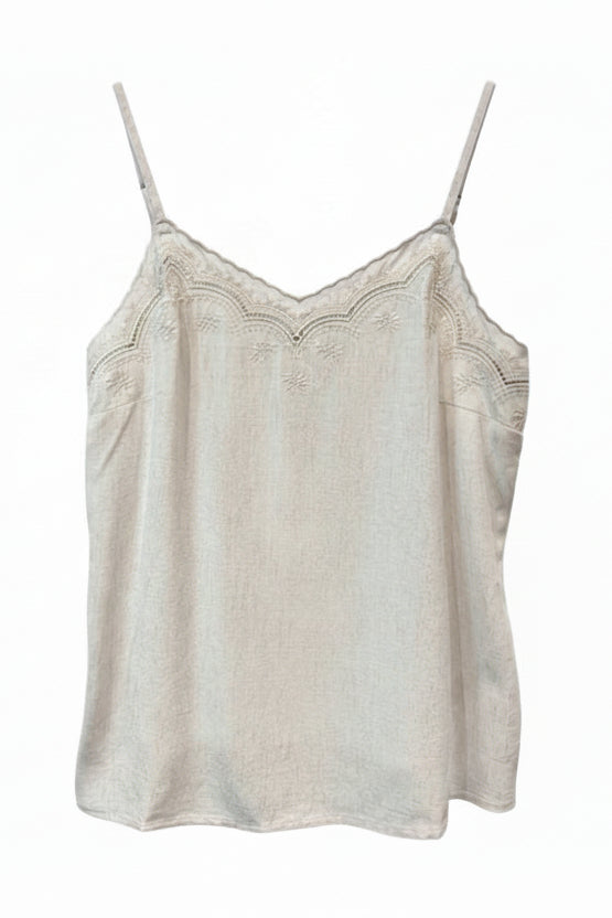 Beige lace camisole on a wooden hanger against a light gray background