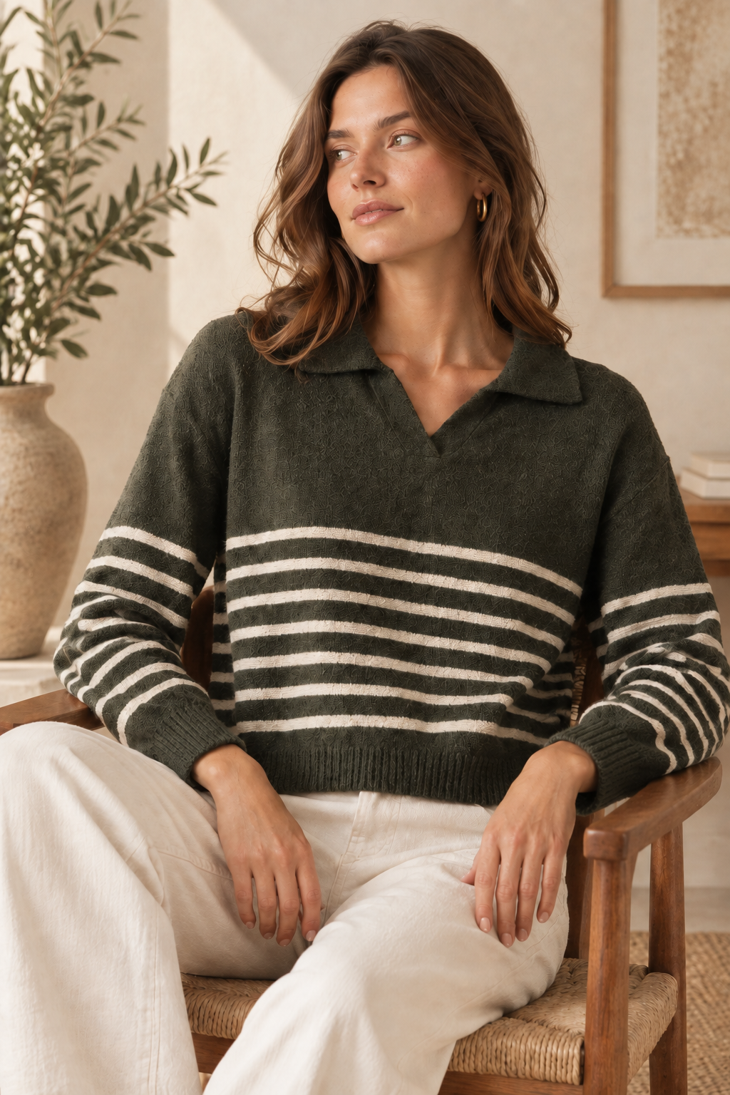 A woman modeling a dark olive green and cream striped knit sweater with a polo collar, shown in front and back views against an elegant indoor background.