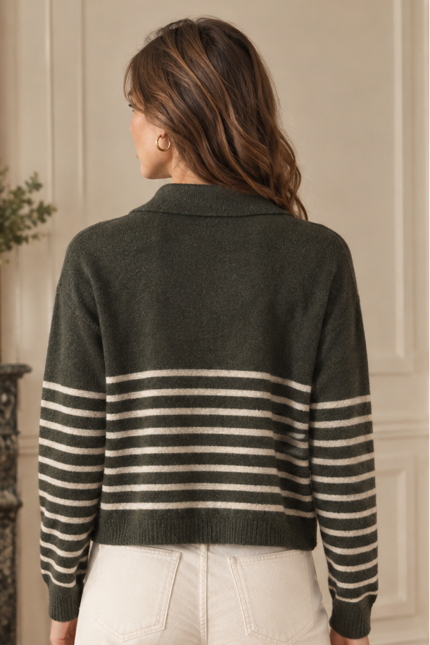 A woman modeling a dark olive green and cream striped knit sweater with a polo collar, shown in front and back views against an elegant indoor background.