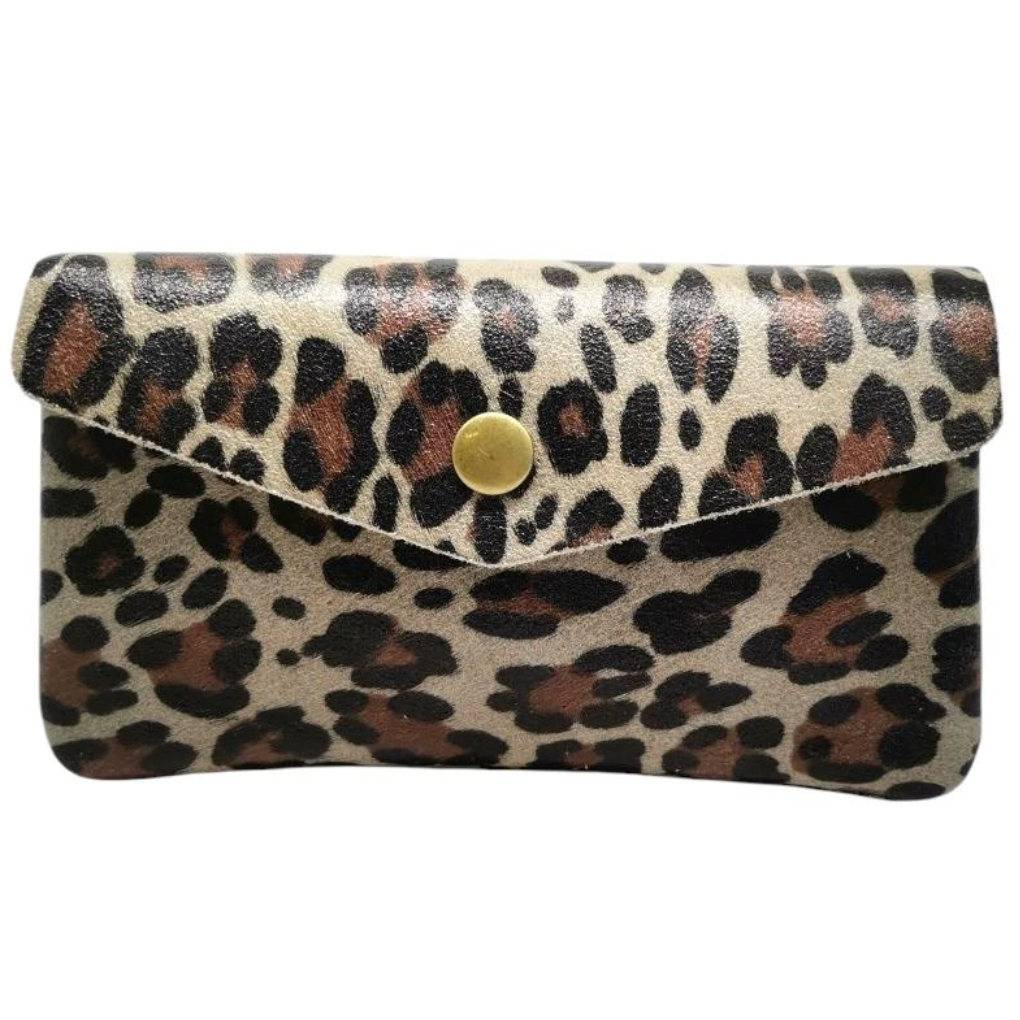 Leopard print clutch bag with a gold button on a white background