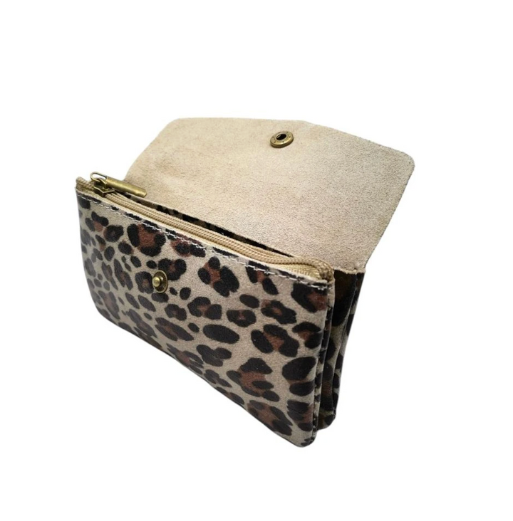 Leopard print wallet with beige flap on a white background