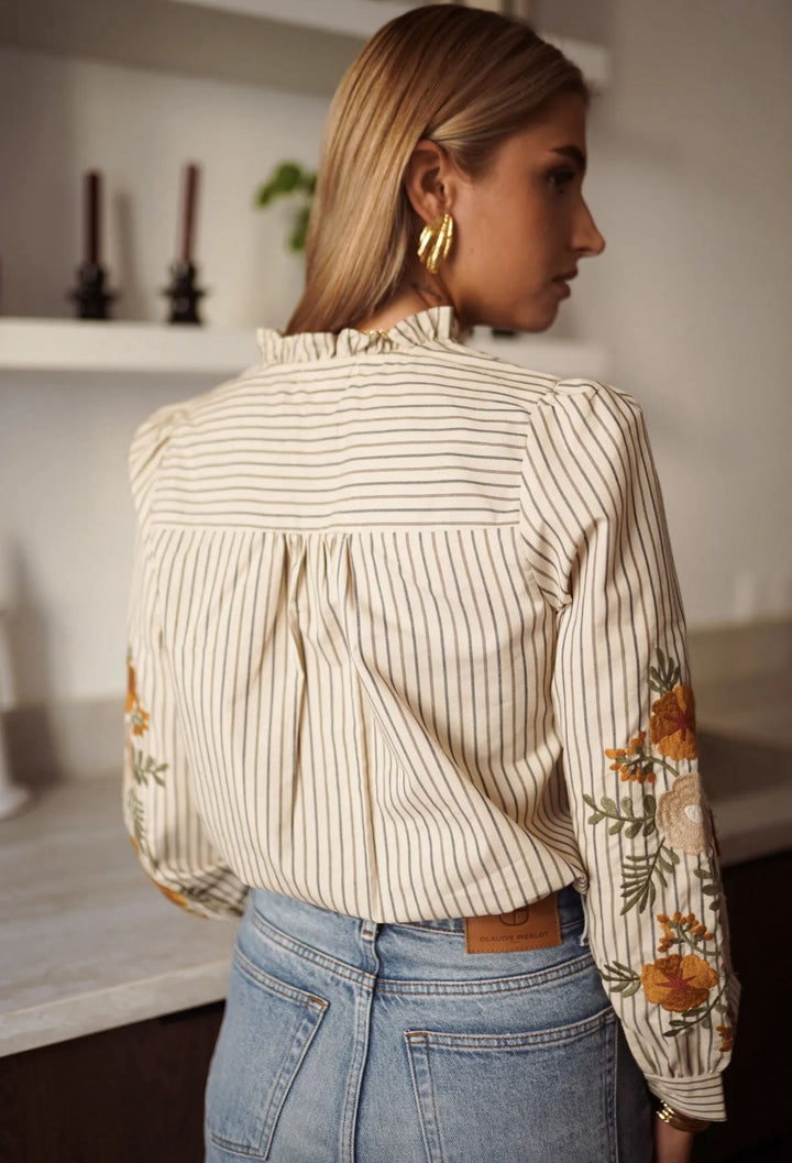 Evie Embroidered Sleeve Stripe Blouse