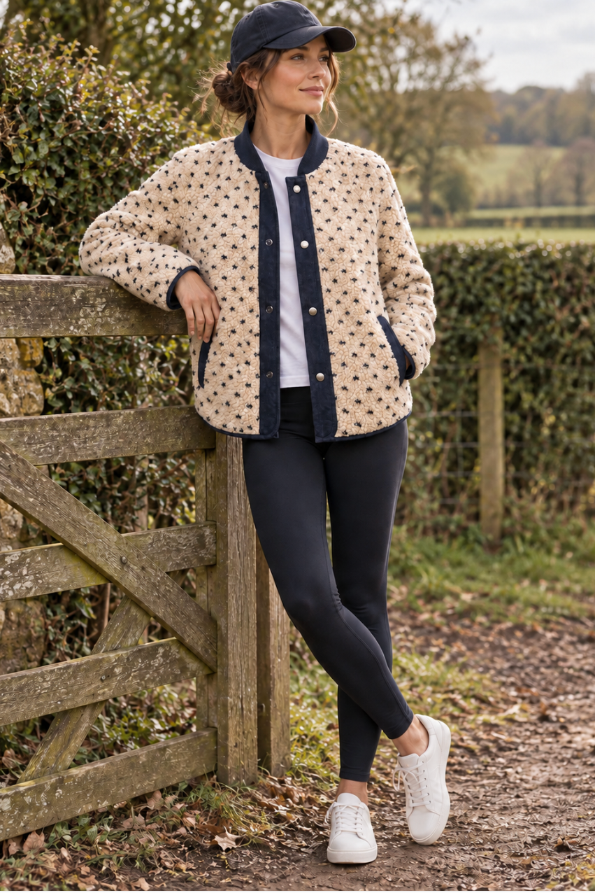 A woman stands outdoors by a wooden gate wearing a beige button-front jacket with dark navy trim and small dark polka dots, a white top, dark leggings, and white sneakers.