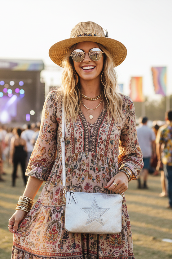 Silver Festival Boho Star Crossbody Bag