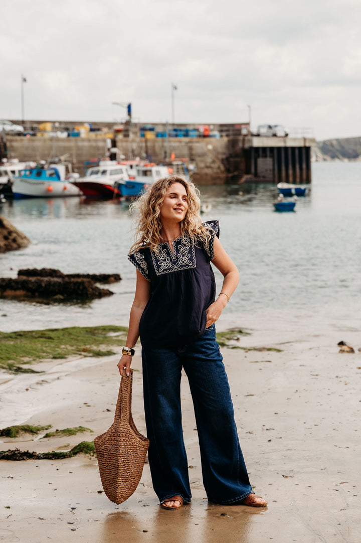 Ember Embroidered Navy Top