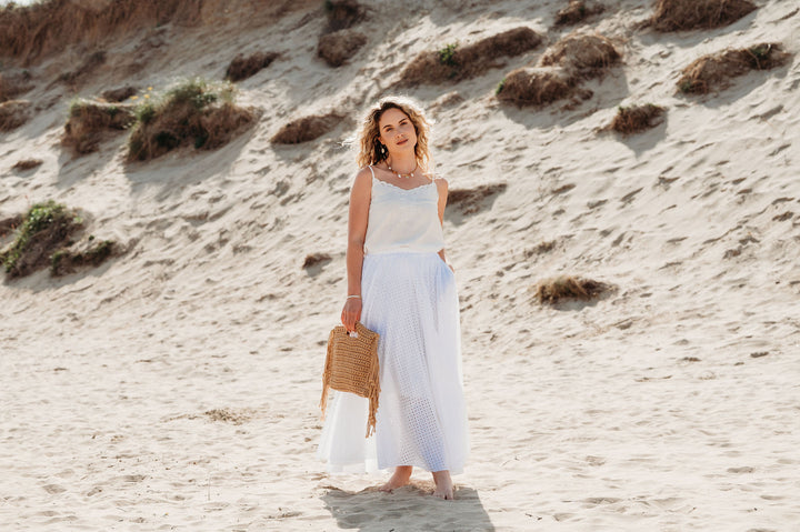 Bonnie Broderie Maxi Skirt (White or Khaki)