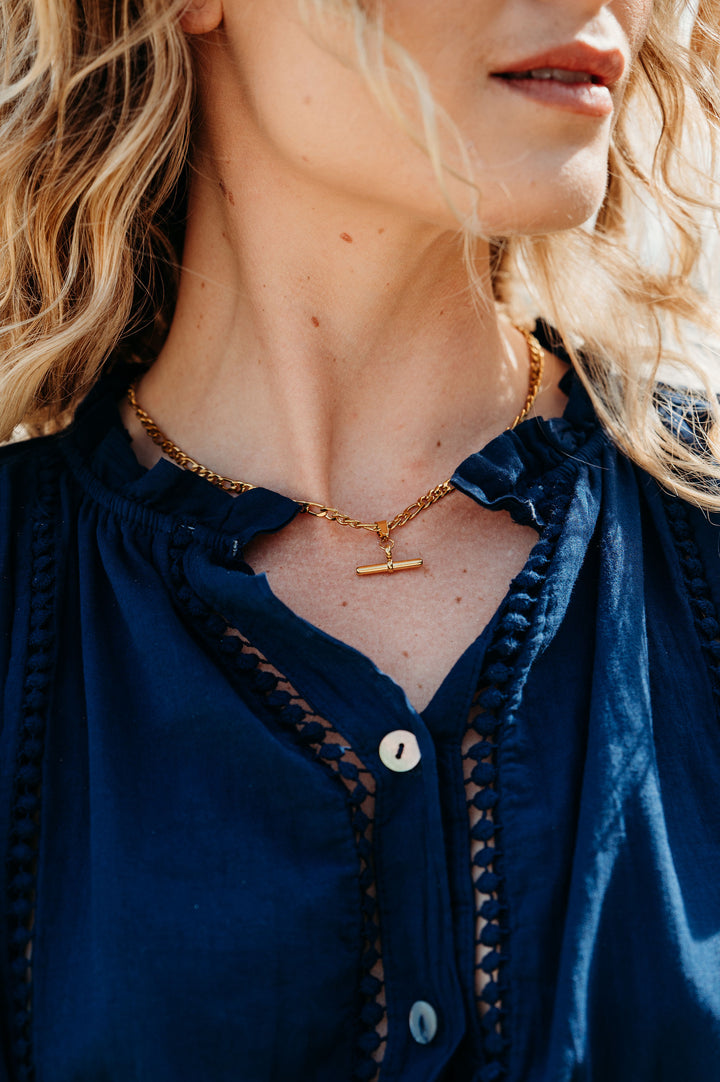 T Bar Stainless Steel Figaro Chain Necklace