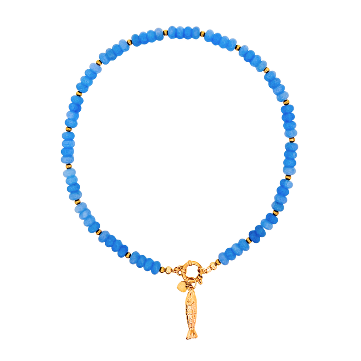 Fish & Heart Charm Beaded Boho Stone Necklace (Aquamarine)