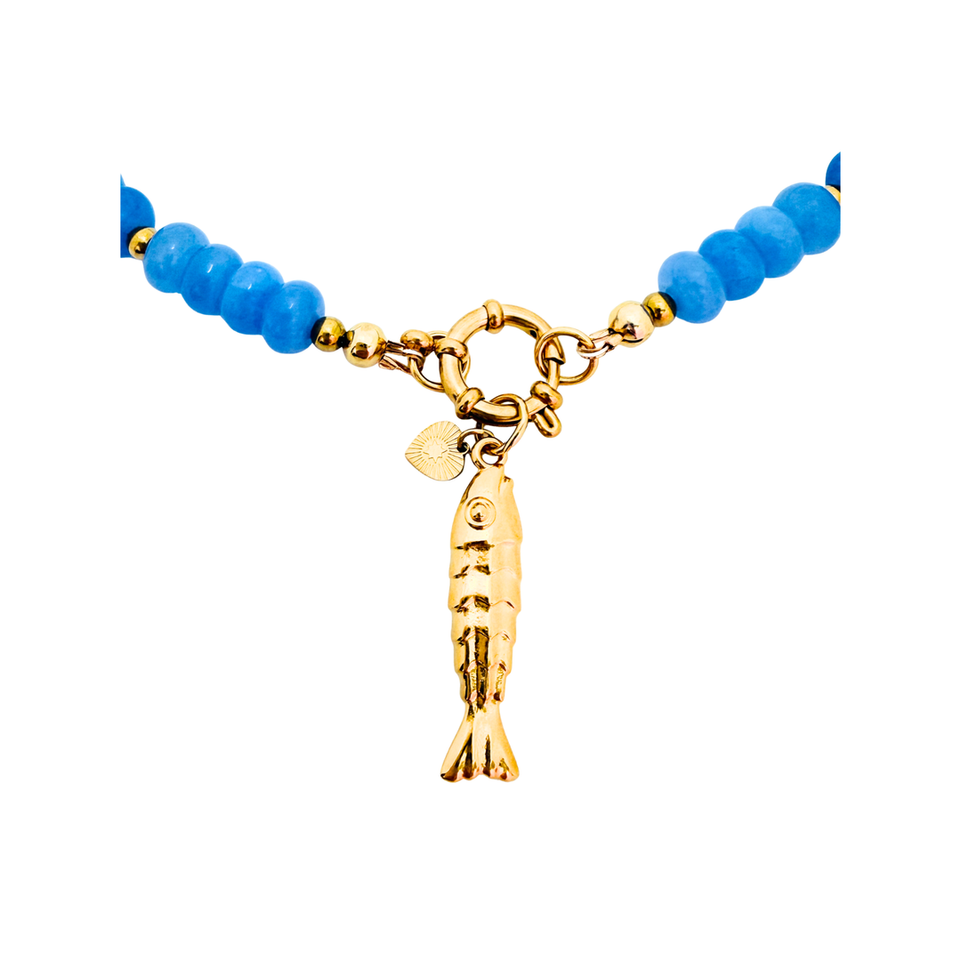 Fish & Heart Charm Beaded Boho Stone Necklace (Aquamarine)