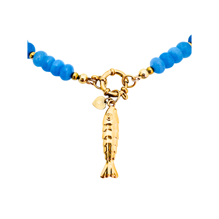 Fish & Heart Charm Beaded Boho Stone Necklace (Aquamarine)