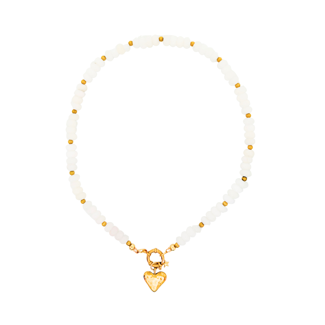 Heart & Star Charm Beaded Boho Stone Necklace (Crystal)
