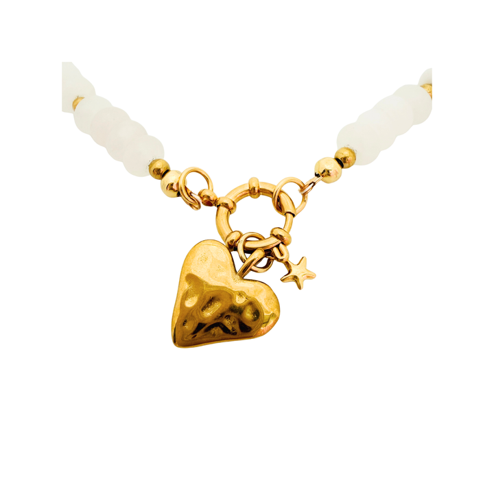 Heart & Star Charm Beaded Boho Stone Necklace (Crystal)