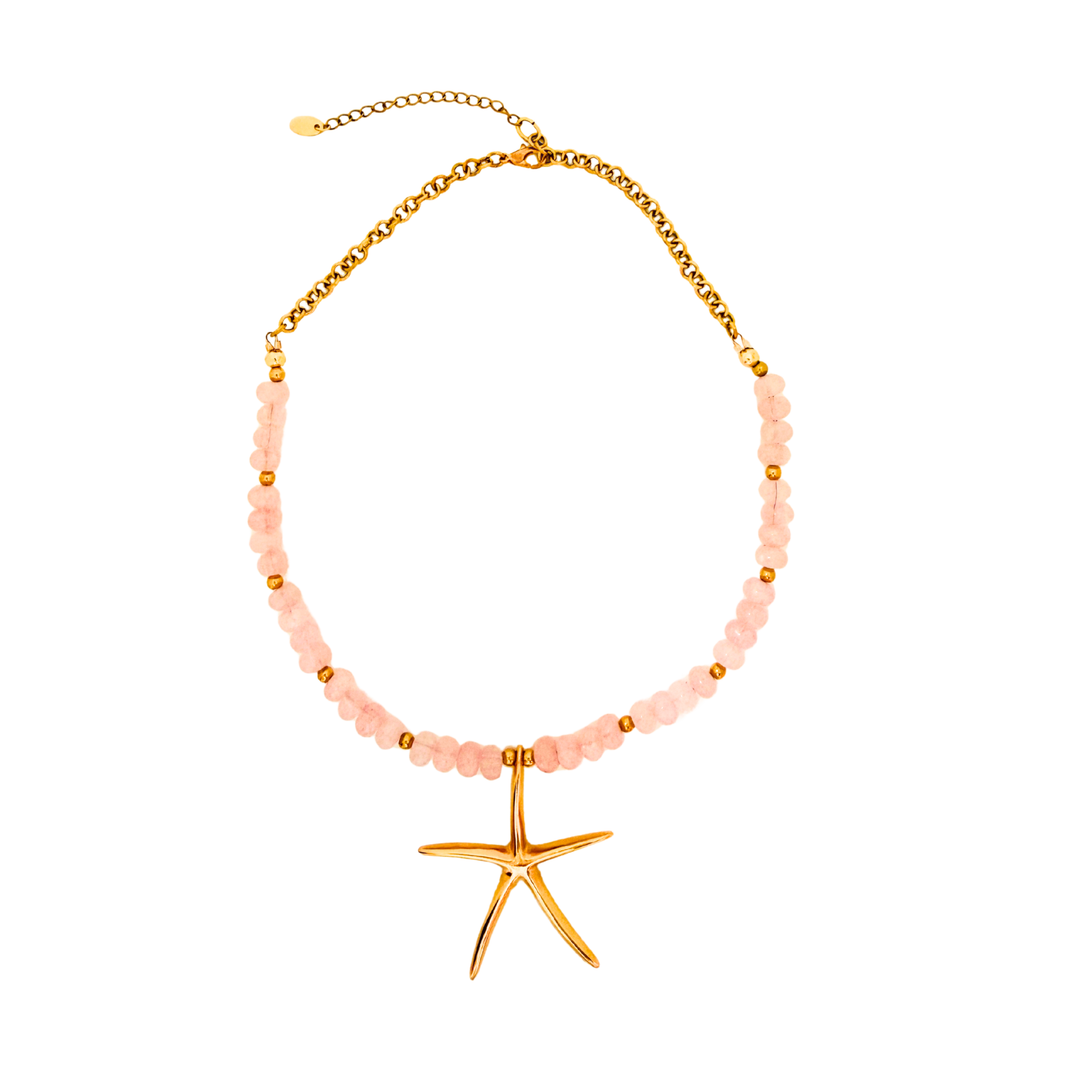 Starfish Beaded Boho Stone Necklace (Rose Quartz)