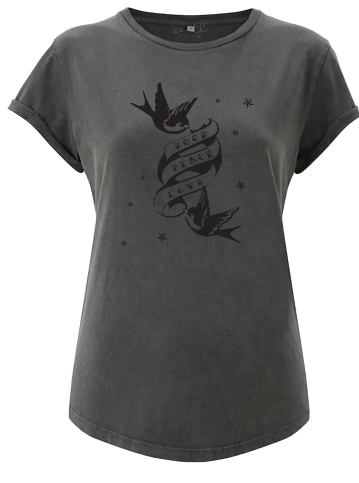 Gray t-shirt with black graphic design on a white background