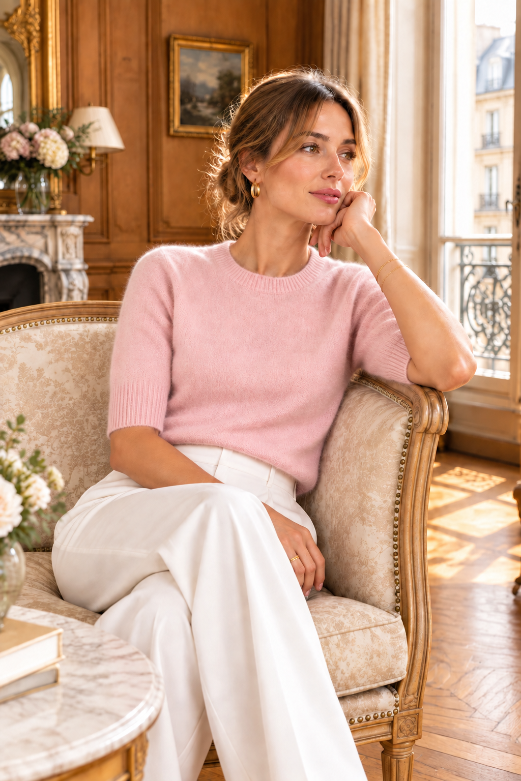 A woman sits in an elegant upholstered armchair in a sunlit room, wearing a light pink short-sleeve knit sweater and white wide-leg trousers.