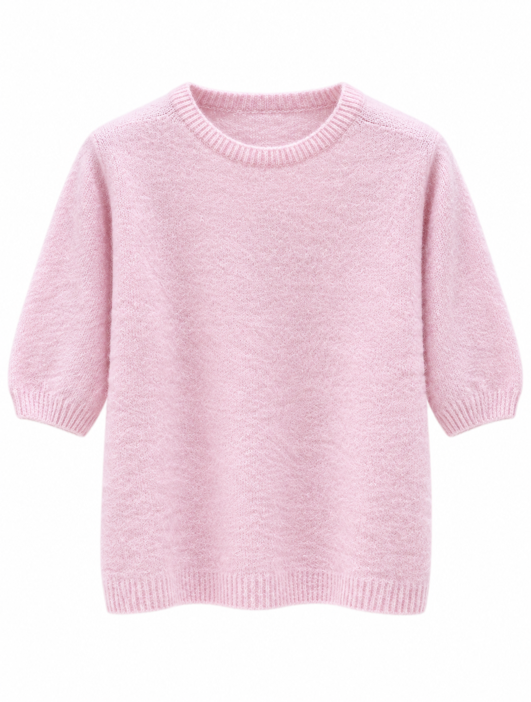 A light pink knit sweater with three-quarter sleeves and ribbed cuffs, collar, and hem, shown against a plain white background.