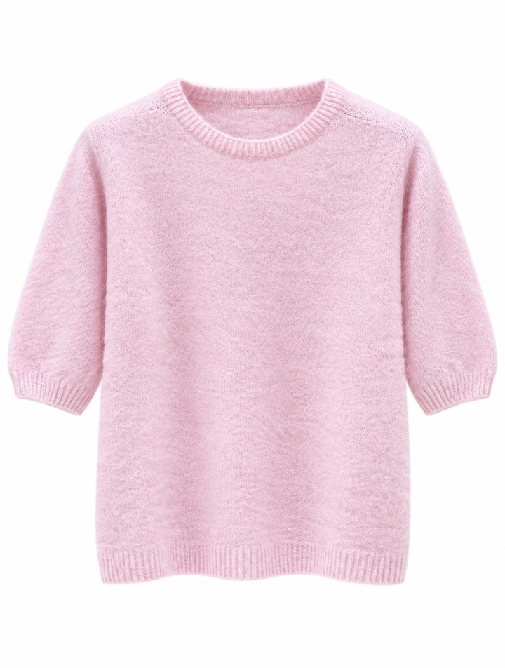A light pink knit sweater with three-quarter sleeves and ribbed cuffs, collar, and hem, shown against a plain white background.