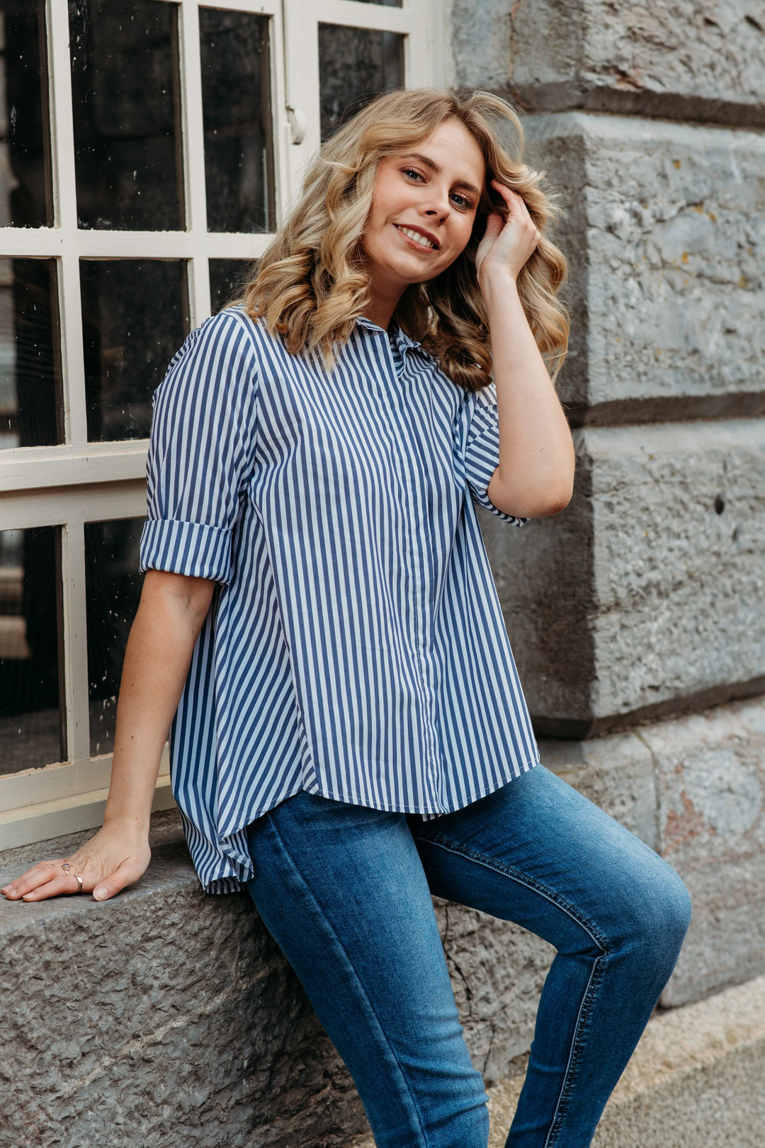 Lily Shirt Blouse | Navy & White Stripe