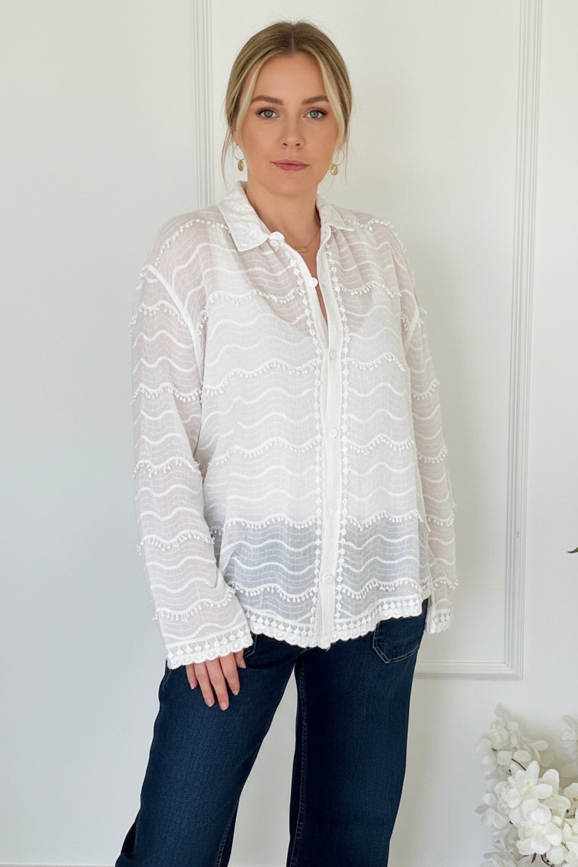 White lace blouse worn by a person against a plain background