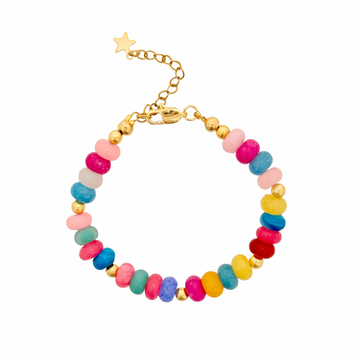 Colorful beaded bracelet with gold chain on a white background