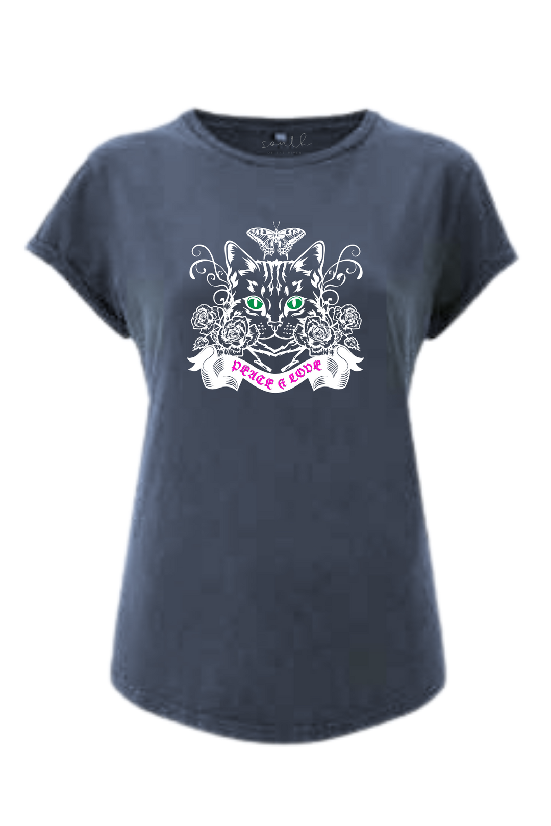Flower Cat T Shirt | Dark Ink Blue