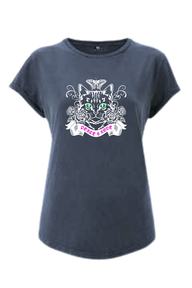 Flower Cat T Shirt | Dark Ink Blue