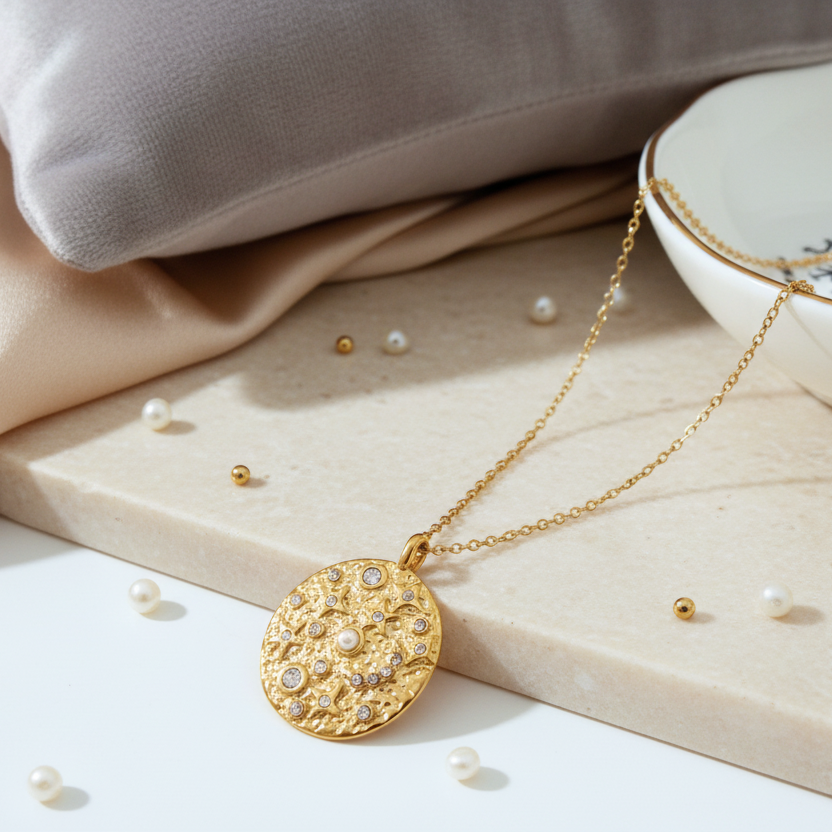 Gold necklace with a round pendant on a white surface