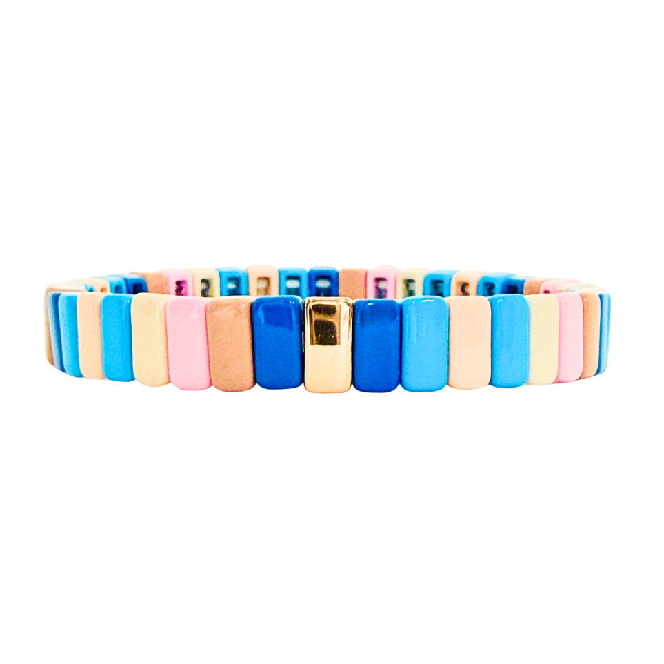 Colorful bracelet with rectangular beads on a white background