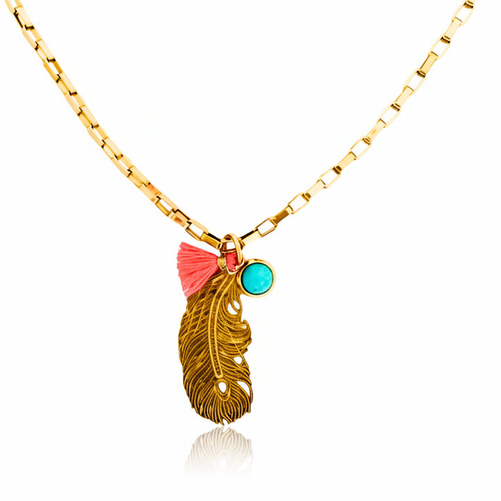 Feather & Turquoise Longer Length Necklace