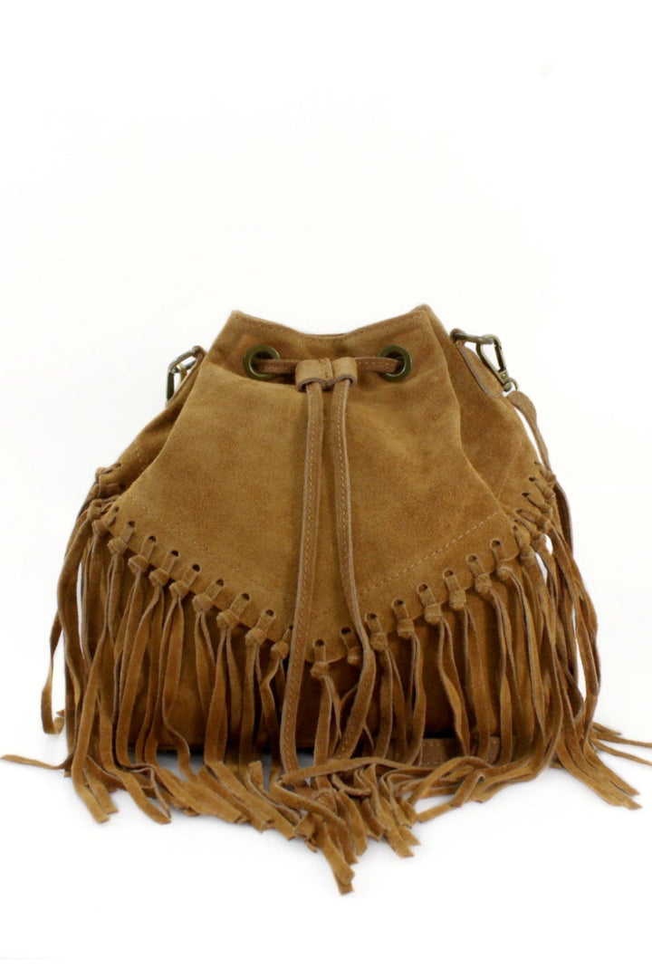 Brown suede drawstring bag with fringes on a white background