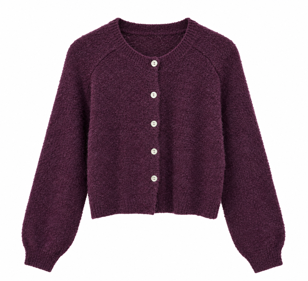 A textured, fuzzy long-sleeve cardigan sweater in deep plum purple with a button-up front, shown on a plain white background.