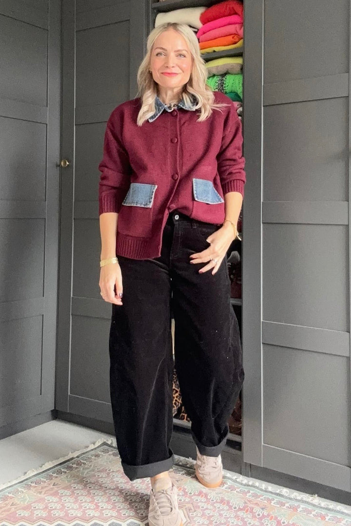 Poppy Wool Blend Denim Mix Burgundy Cardigan Jacket