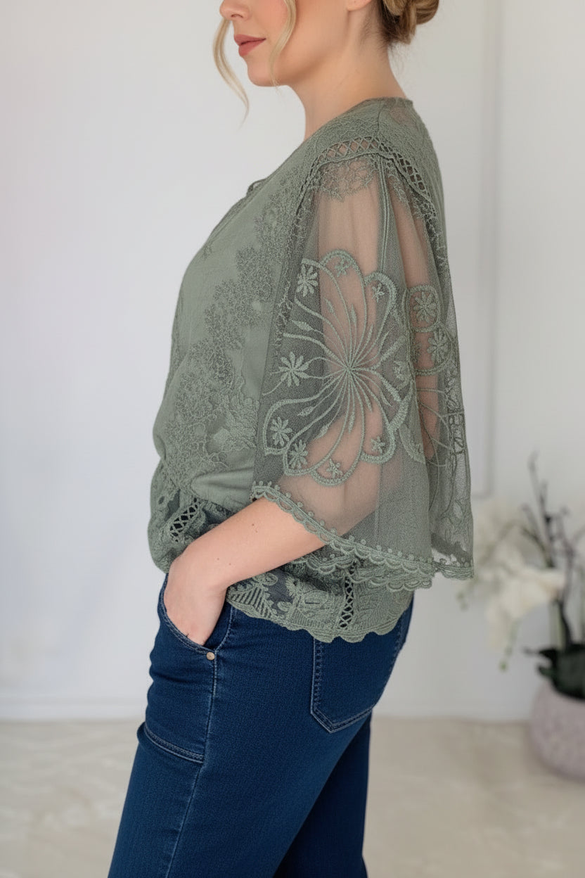 Person wearing a green lace top with sheer panels and blue jeans against a white background