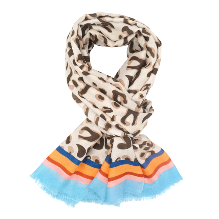 Leo Print Bright Border Scarf | Blue Mix