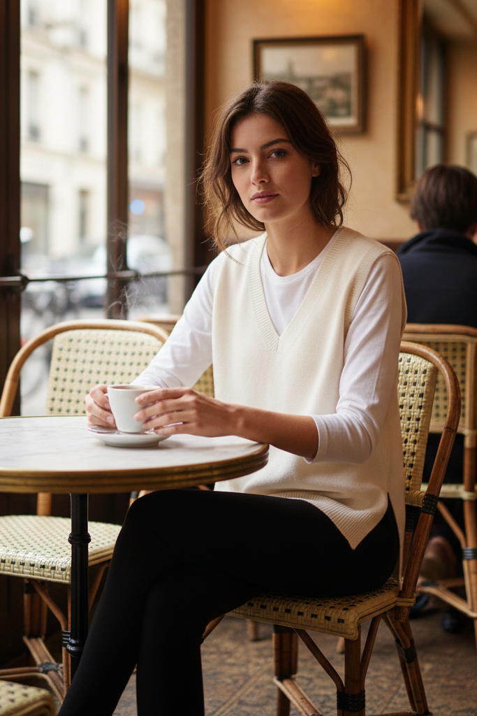 Woman sitting at a cafe table with a cup of coffee, surrounded by wicker chairs and a city street view.