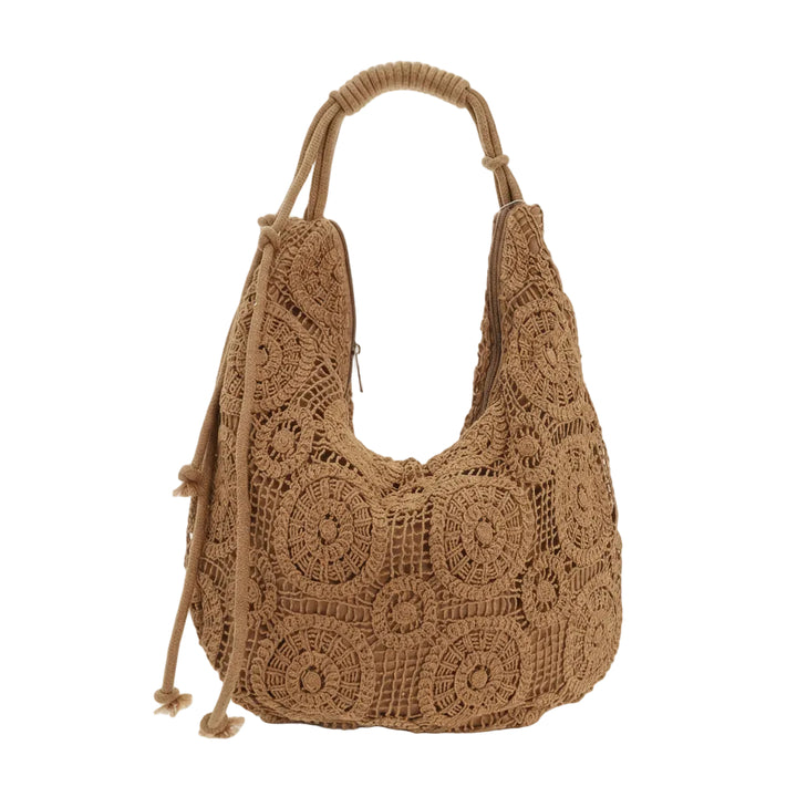 Brown crochet handbag on a white background