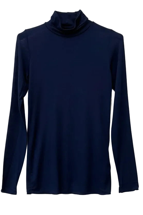Navy long-sleeve shirt on a hanger against a white wall