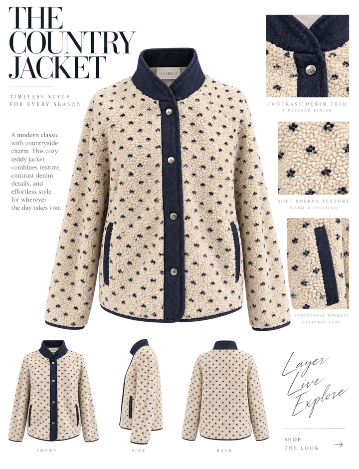 A styled catalog collage showing a cream and navy patterned button-front jacket from multiple angles, with close-up detail insets and text callouts on a white background.