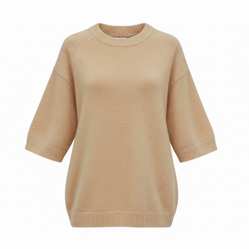 An off-white knit crewneck sweater with elbow-length sleeves, ribbed cuffs, and a ribbed hem, shown against a plain white background.