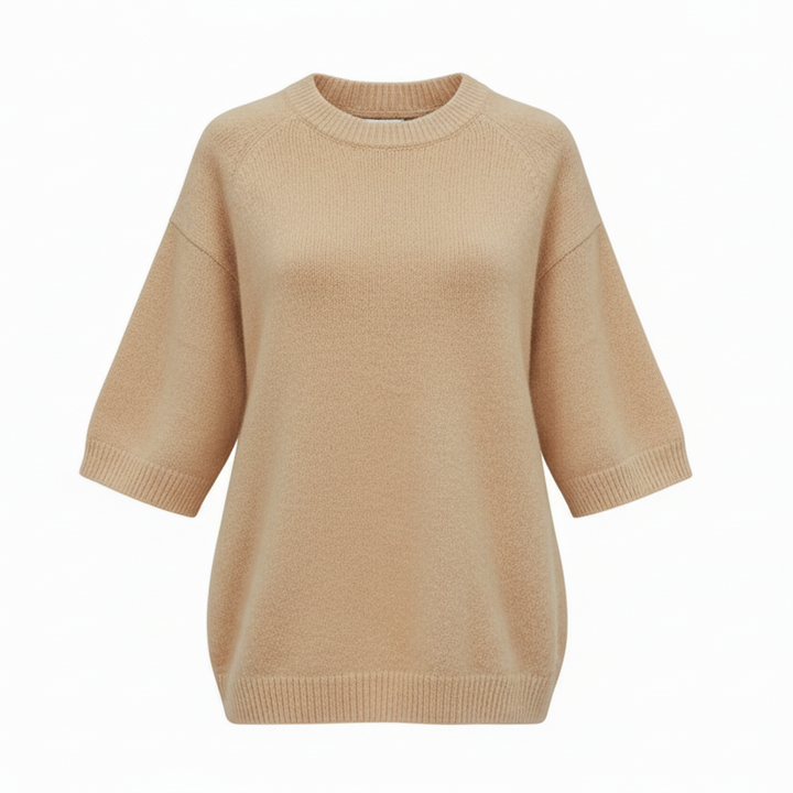 An off-white knit crewneck sweater with elbow-length sleeves, ribbed cuffs, and a ribbed hem, shown against a plain white background.