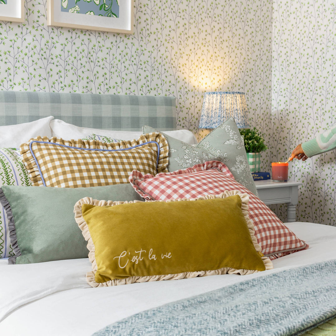 Cest La Vie Embroidered Cushion Green