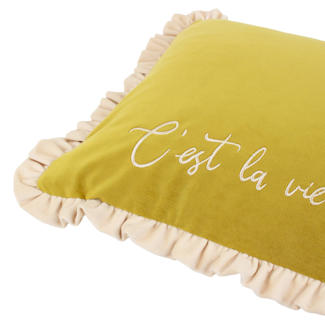 Cest La Vie Embroidered Cushion Green