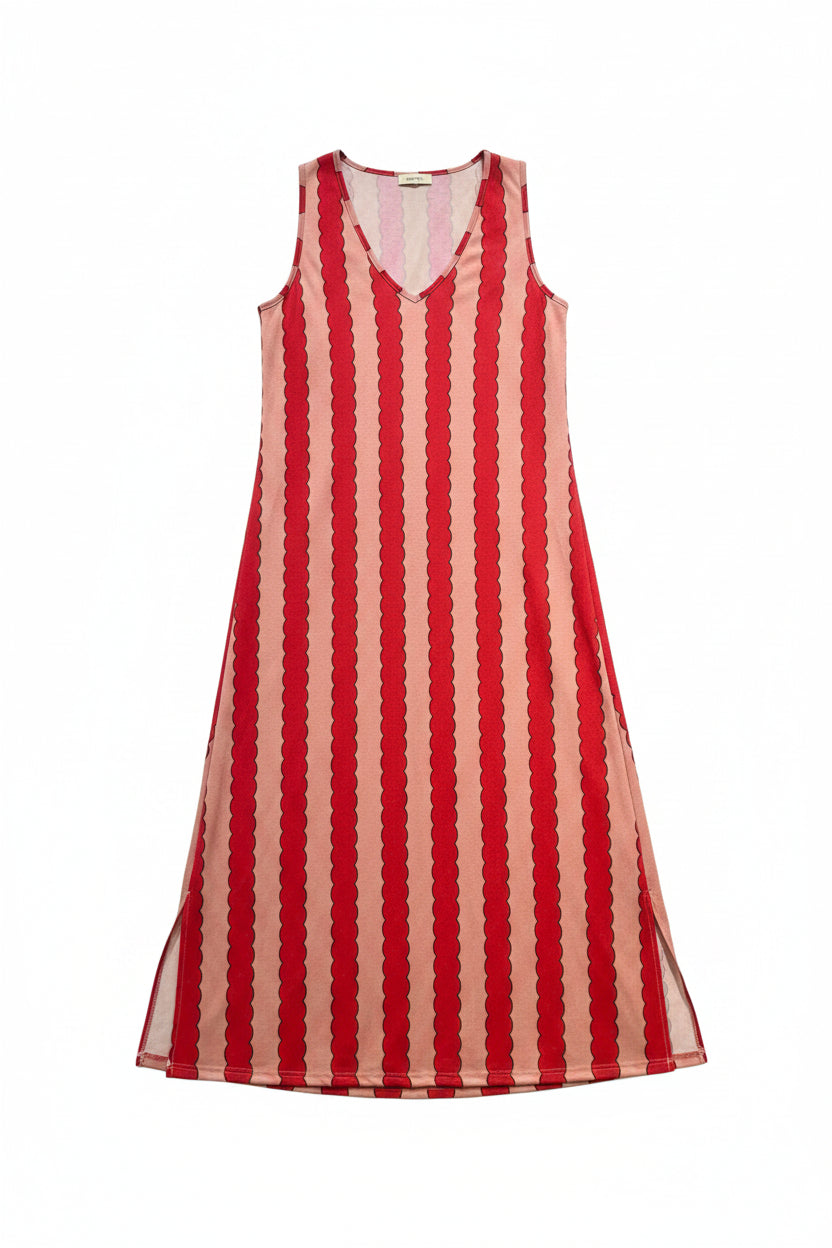 A sleeveless V-neck maxi dress with vertical red and beige scalloped stripes, hanging on a wooden hanger against a white background.