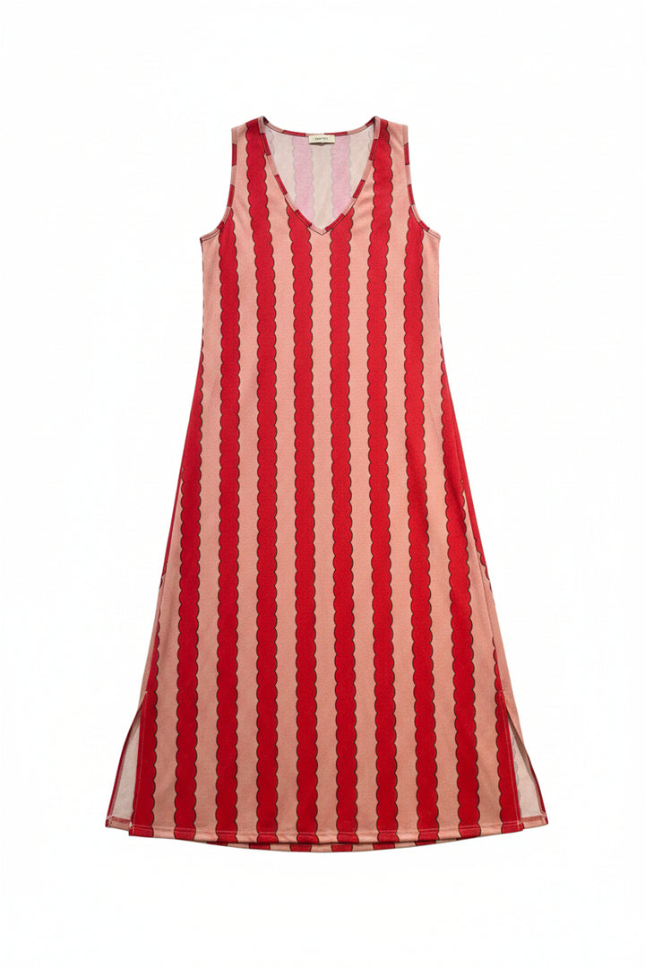 A sleeveless V-neck maxi dress with vertical red and beige scalloped stripes, hanging on a wooden hanger against a white background.