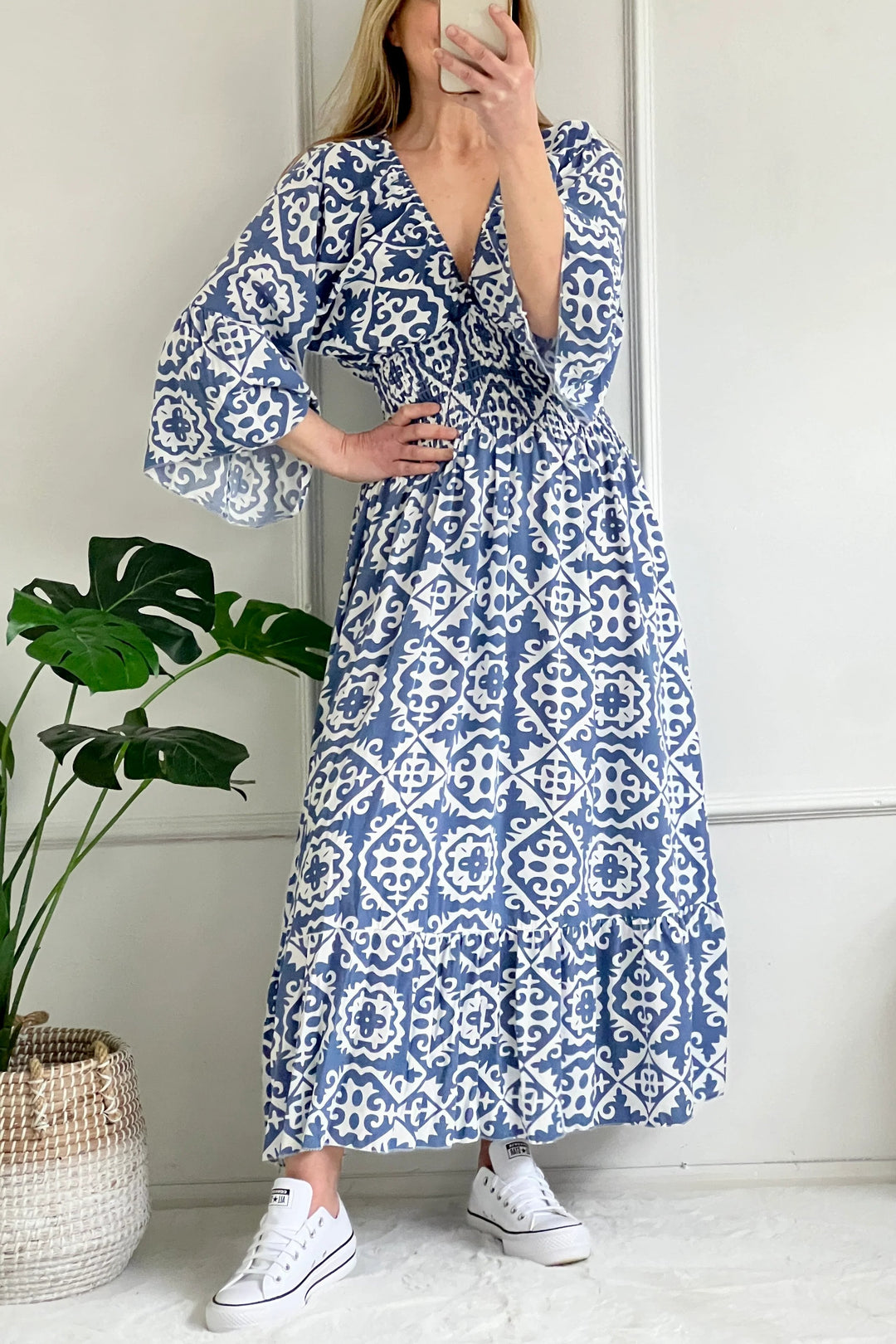 Kitty Tile Print Dress | Dusky Blue