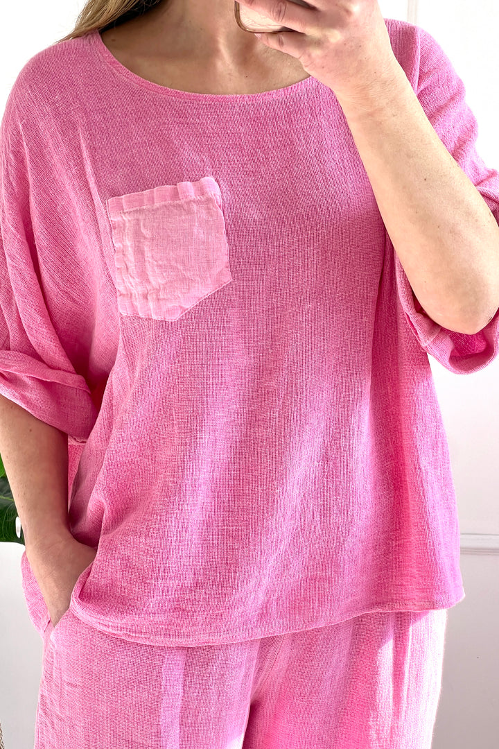 Jacenta Washed Linen Top | Candy Pink