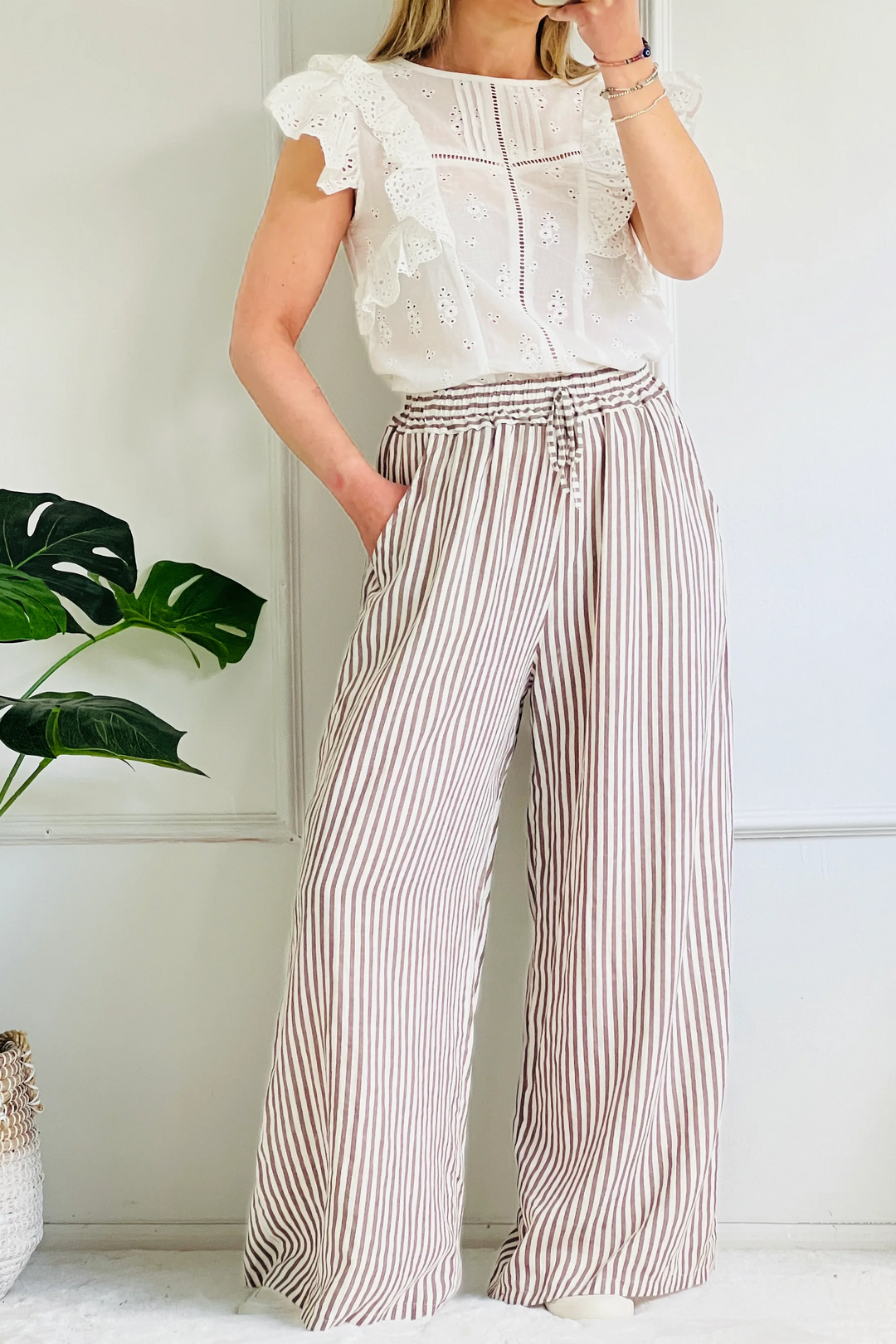 Stephanie Wide Leg Stripe Linen Trousers